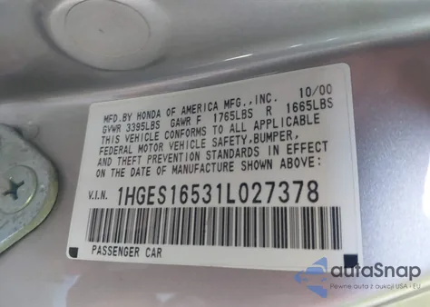 2001 Honda Civic Lx z USA, uszkodzony, nr VIN 1HGES16531L027378